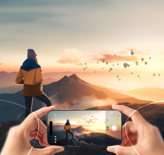 Blick auf Smartphone in der Nähe und auf Bergspitze in der Ferne mit eingezeichneten Sehbereichen eines Gleitsichtglases.