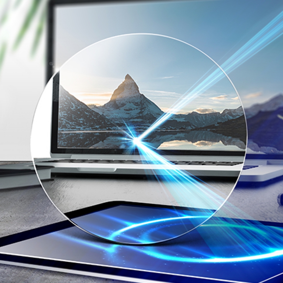 Brillenglas mit Blaufilter.